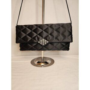 KATE LANDRY Black Quilted Satin Evening Folding Bag Clutch with Rhinestones